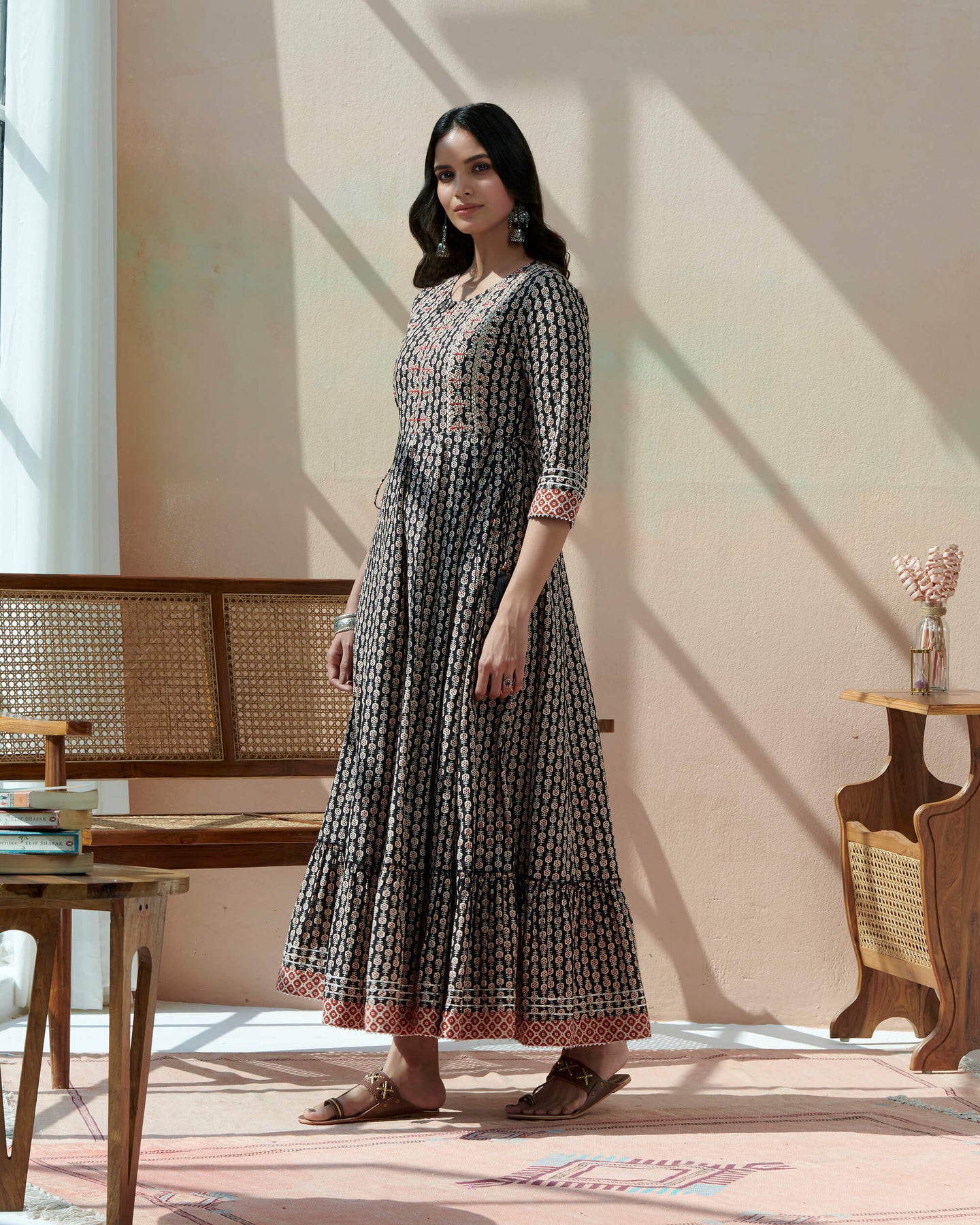 Hand Block Bagru Printed Tiered Dress With Emb At Yoke